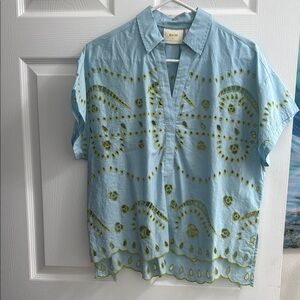 Maeve Light Blue Short-Sleeve Button-Down Shirt with Green Embroidery